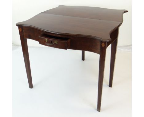 GEORGE III SERPENTINE MAHOGANY GATE LEG TEA TABLE, fitted frieze drawer and inlaid satinwood lozenge and chequer strung detai