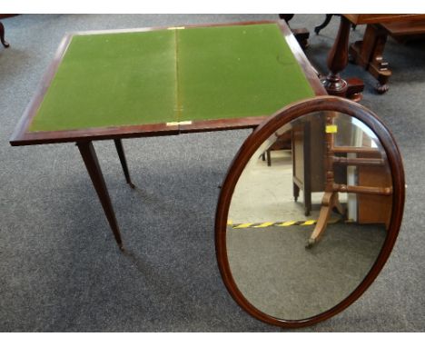 EDWARDIAN CARD TABLE &amp; OVAL MIRROR (2)