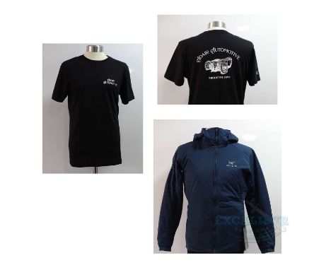 THE NEVERS (2021) - A short sleeved, black 'M' t-shirt together with a blue 'Arcteryx' 'L' soft, shell jacket with full zip (