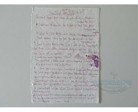 An original handwritten page of lyrics for the 1996 song 'I am, I feel' signed by Alisha's Attic (Karen and Shelly Poole) - P