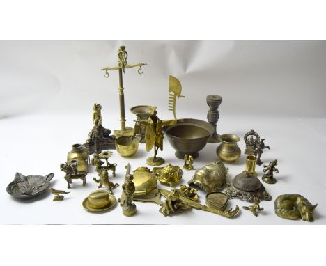 Collection of brass to include a desk bell, brass scales and Oriental cast brass