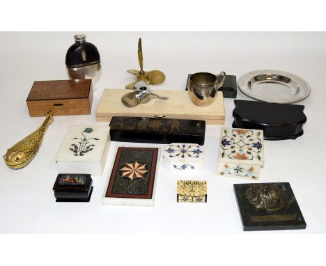 Collection of desktop items to include Oriental & Indian boxes, brass pen stand and a silver plated drinking flask