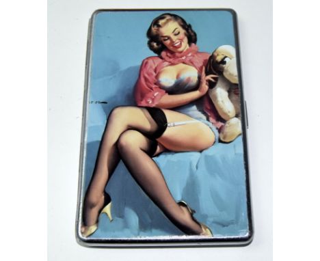 A large silver plated cigarette case with an enamel; image of a lady partially dressed