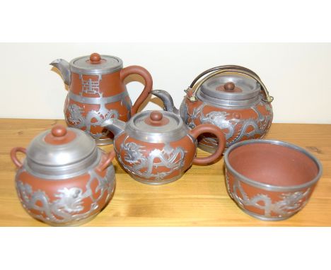 Chinese Yixing pewter covered 5 pc tea service in red terracotta, stamped DEH YU WE HAI WEI.