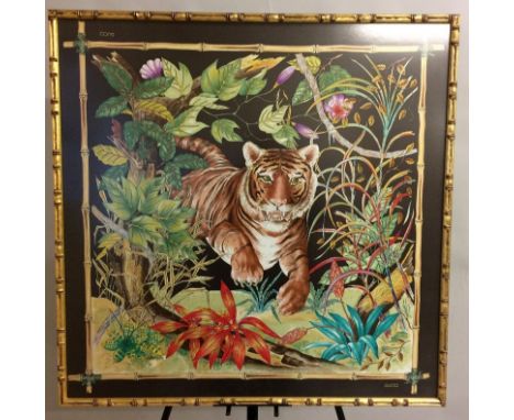 A Gucci silk scarf in bamboo frame. 90 x 90cm