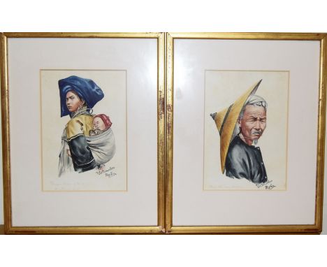 Pair of portrait watercolours, incl. Shan Chinese old man by Burmese artist Yatanabon Maung Su c.1903-65, in frames 36 x 28cm