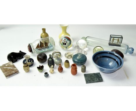 Oriental and other glass items to include Chinese glass weights, paper weights and a vintage rolling pin