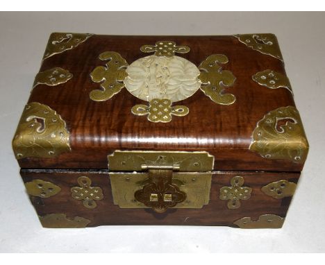 Chinese brass banded wooden box with a jade inset panel