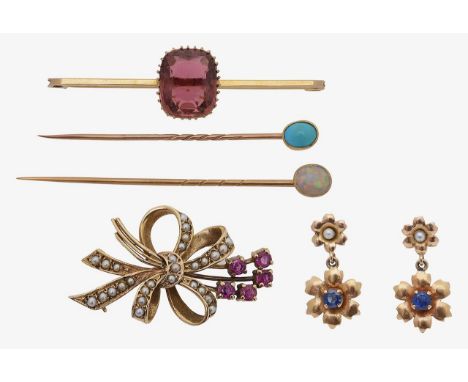 A 9ct ruby and diamond brooch, stone brooch, two pins and ear drop  9ct hallmark to rev this 'bow bouquet' brooch featuring s
