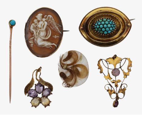 A turquoise mourning brooch, cameo brooch and three othersthe cameo brooch/pendant bezel set with safety chain depicting clas