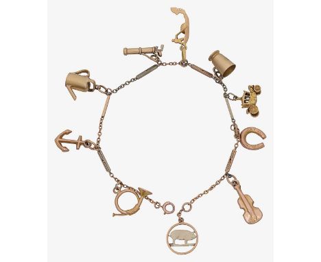 A 9ct charm bracelet including a carriage, golf clubs French horn and gondolaa collection of  ten charms on a fancy bar brace