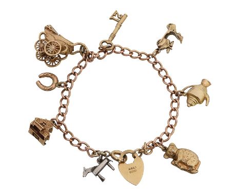 A 9ct 'nine' charmed curb braceletfeaturing a hallmarked water mill with moving wheel, a pram, a scooter, a tea pot with Ches