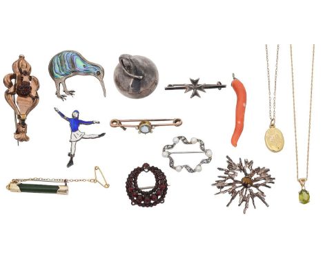 A silver 'Hershey Kiss' pendant, diamond and peridot necklace, sweetheart locket and an array of brooches including a jade ba