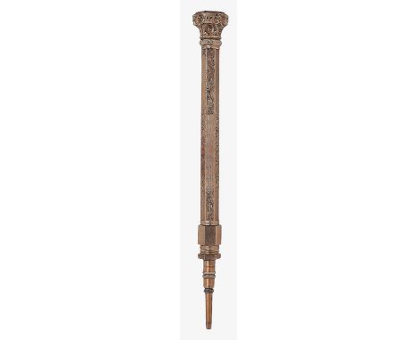 A Victorian cased propelling pencilunmarkedhexagonal barrel with foliate engraved and engine turned decoration, the foliate c