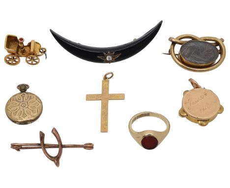 An onyx crescent moon pin brooch with central diamond set star, 9ct signet ring, and an assortment of charms and pinsan oval 