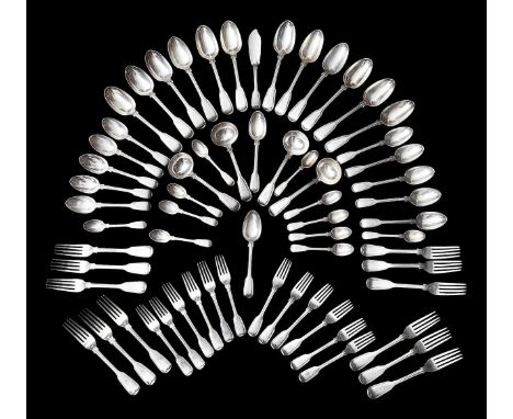 An early Victorian silver fiddle and thread pattern twelve setting canteen of flatwareLondon, 1852/3, George Adamscomprising 