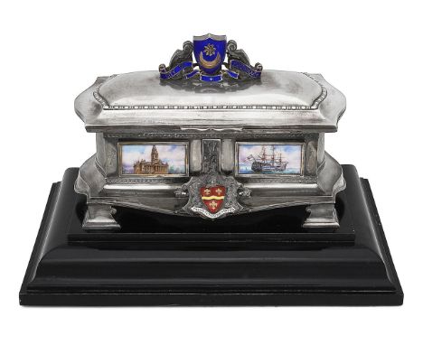 A George V silver and enamel presentation freedom casket Birmingham, 1927, Turner &amp; Simpsonof shaped rectangular form, th