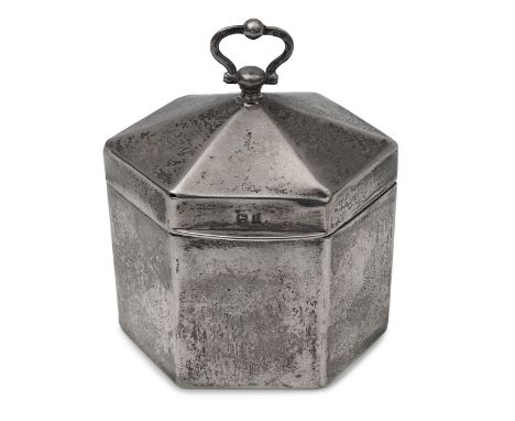 An Edwardian silver tea caddy Birmingham, 1910, Matthew John Jessopof plain hexagonal form, the hinged domed cover with hinge