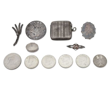 A George V silver vesta case, a silver brooch by Sarah Jones and other items first, Chester, 1912 Charles Hewer Cheshire, wit