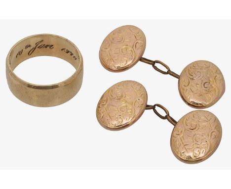 A pair of gold Victorian button oval cufflinks together with a plain gold bandthe decorative double oval rose gold fancy engr