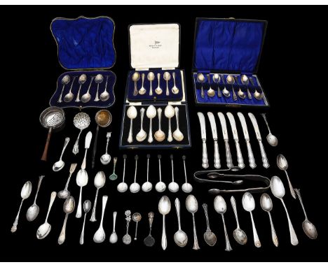 A collection of silver to include cased sets of spoonsvarious dates, makerscomprising a cased set of six Dubarry pattern teas