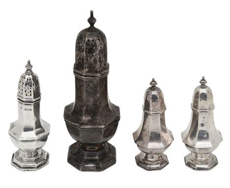 A George V silver sugar caster and three other castersfirst Birmingham, 1927, William Hutton &amp; Sons Ltd, of octagonal bal