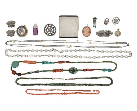 A collection of costume with Navajo turquoise and silver necklacewith graduating rondelle beads and silver conical terminus a
