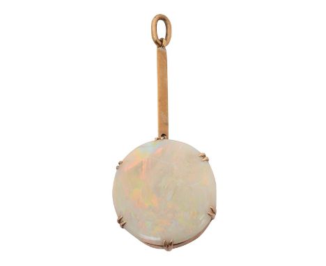A 'pendulum' opal pendantwith a display of orange, red, yellow and green colours, claw set to bezel mount, suspended from a b