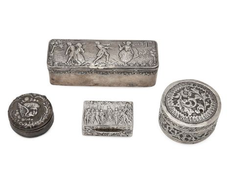 A German Hanau silver snuff box, two pill boxes and an Indian Cutch box first pseudo marks, Berthold Muller, Chester import m
