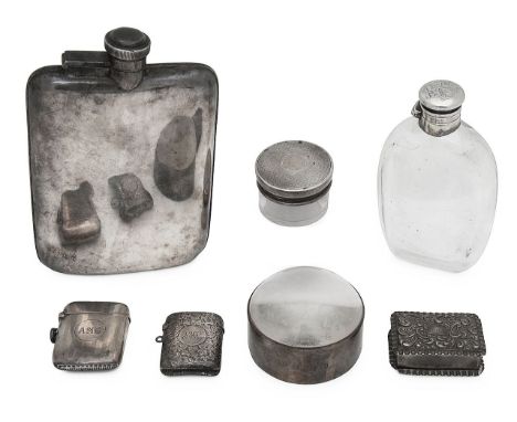 A Victorian silver mounted glass hip flask and other silver first Sheffield, no date letter, James Dixon &amp; Sons, hinged c