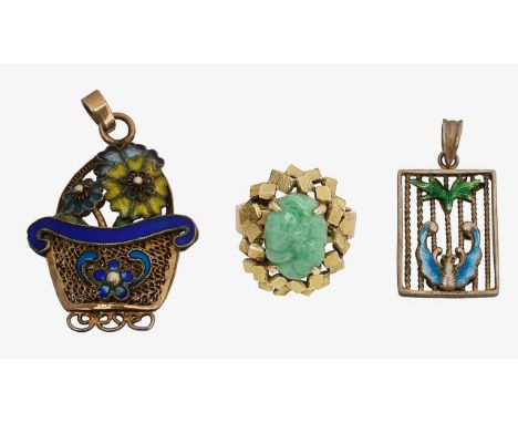 A jade flower ring with two silver and enamel pendantswith an oval jadeite jade carved motif surrounded by abstract square pe