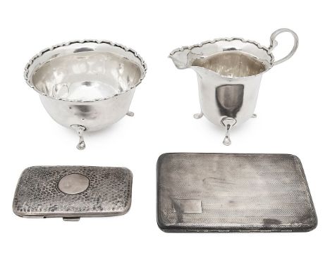 A George V silver milk jug and sugar basin and two cigarette casesfirst Birmingham, 1926, Adie Brothers, together with a smal