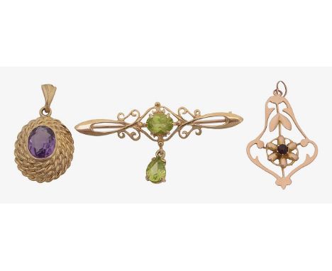 Two 9ct gold pendants and an Edwardian bar broochone opal shaped pendant set with amethyst with rope twist border, the pierce