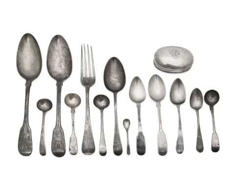Assorted 19th century silver flatwarevarious dates, makers marksto include two George III/IV fiddle pattern tablespoons, a pa