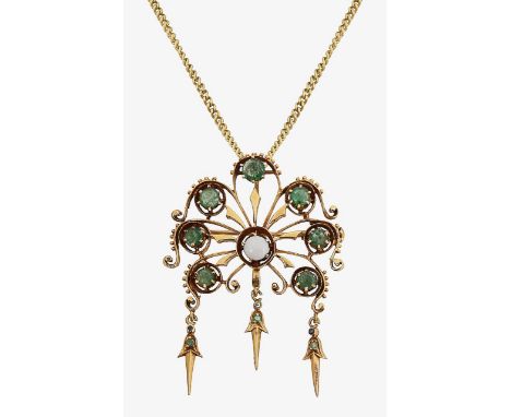 An emerald and opal brooch/pendant on chainof open work sexafoil design with tassel fringe, set with circular-cut emeralds an