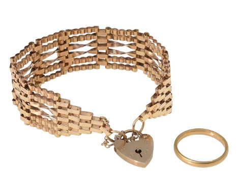 A 9ct gate bracelet and a 22ct banda six bar bracelet with securing padlock and a simple band marked 22ct (2)  weight 9ct 12g