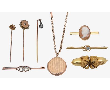 A 9ct cameo brooch, 15ct stick pin knot with aquamarine, two diamond stick pins and a double acorn brooch with three others w