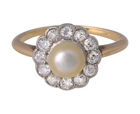 A pearl and diamond-set cluster ringthen central bouton pearl (untested) to the surround of old-cut diamonds, the tapering sh