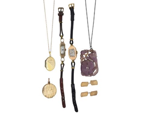 A piece of carved purple jade, a pair of 9ct cufflinks a 9ct locket with two 9ct cased dress watches,featuring a jade carved 