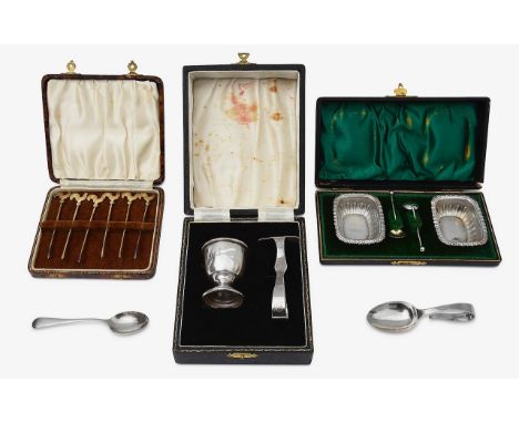 A collection of silver to include a cased pair of six silver-gilt cocktail sticks first stamped sterling, with cockerel termi