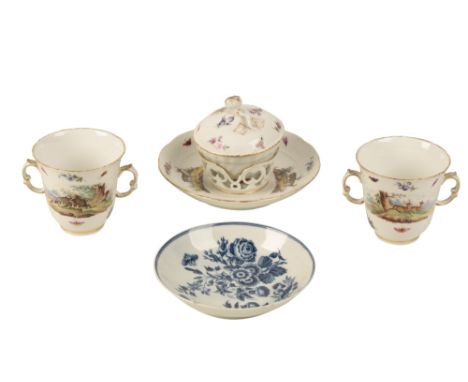 PAIR OF BERLIN CHOCOLATE CUPS decorated with stag hunting vignettes, scattered flowers and insects, with twin gilt highlighte