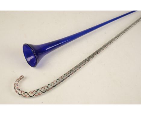 "BRISTOL BLUE GLASS" COACHING HORN, 107cm, and a Nailsea type walking stick (2)