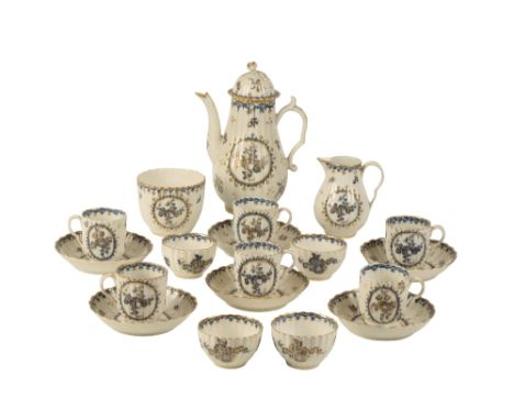 FIRST PERIOD WORCESTER PART TEA AND COFFEE SERVICE, the coffee pot of baluster fluted form with domed cover, sparrowbeak jug,