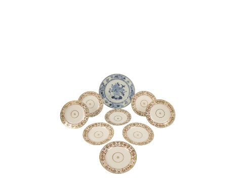 SET OF NINE CHAMBERLAINS WORCESTER DESSERT PLATES with polychrome and gilt scrolling leaf borders, 21cm, and a Dutch Delft bl