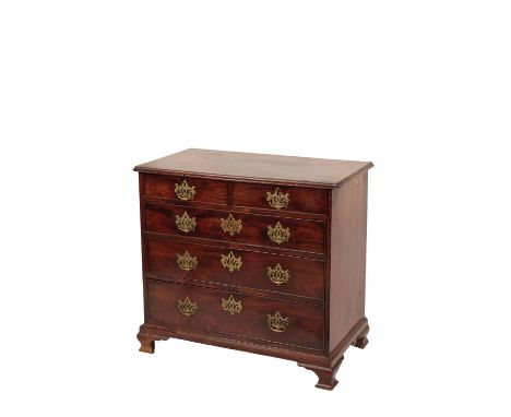 GEORGE II MAHOGANY CHEST OF DRAWERS, the rectangular top with a moulded edge and canted corners over an arrangement of two sh