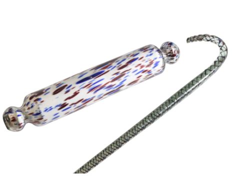 NAILSEA TYPE ROLLING PIN, the "milk glass" ground with blue and ochre - "decoration", 38cm, and a glass walking stick with bl