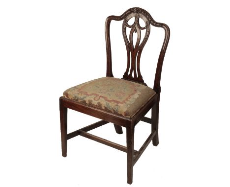 GEORGE III MAHOGANY CHAIR of Hepplewhite design, the drop-in seat with a floral tapestry cover, on square tapering legs joine