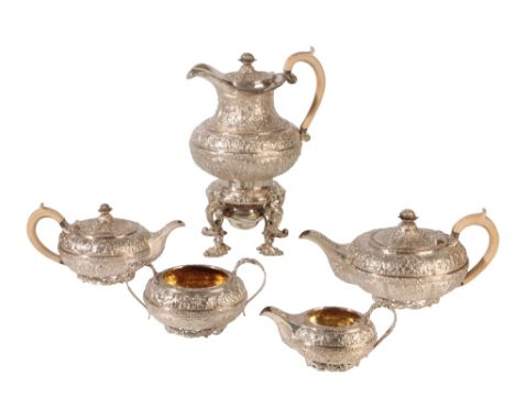 GEORGE IV SILVER FIVE-PIECE TEA SET, by Joseph Angell I, London, 1830, compressed circular form, the hinged cover with flower