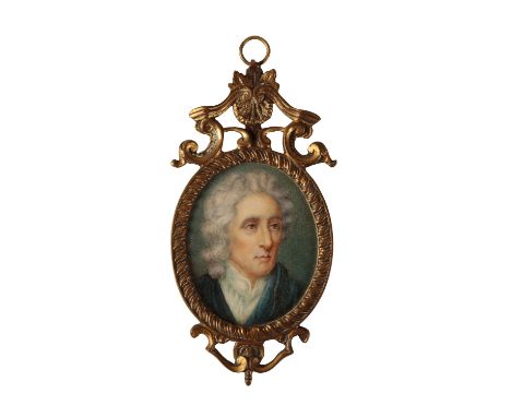 ENGLISH SCHOOL PORTRAIT MINIATURE OF JOHN LOCKE wearing a dark blue jacket over an open collared white shirt, the blue enamel