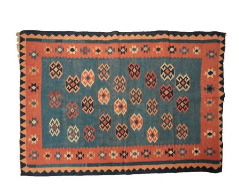 "KELIM' RUG WITH LIGHT BLUE GROUND, guhl deocration and light pink borders 121cm x 184cm, a small woven 'kilim' runner with g